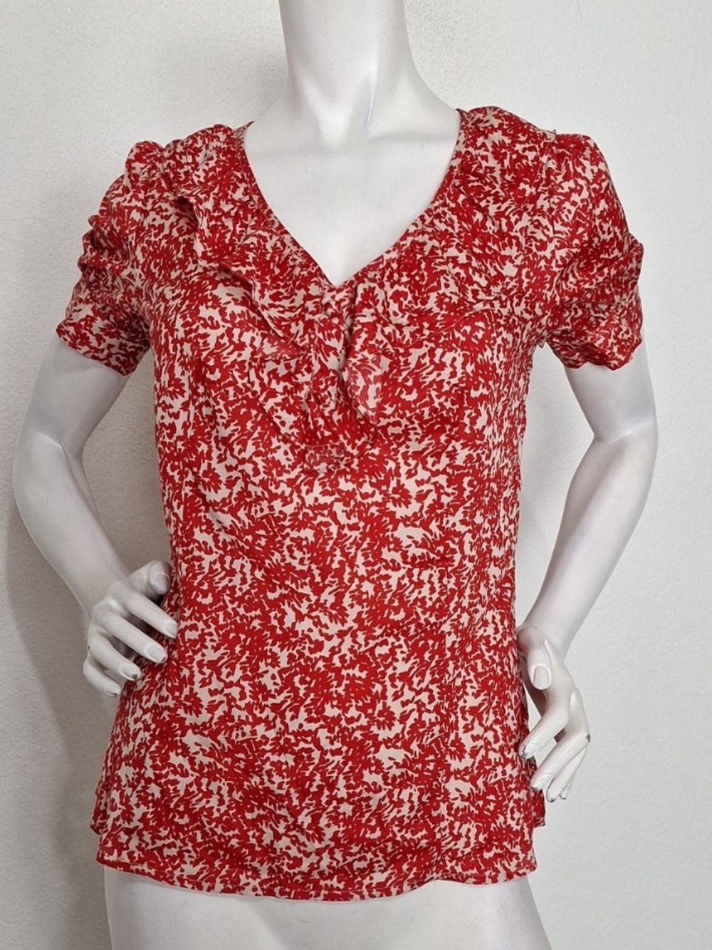 Banana Republic Red & Cream V-Neck Floral Romantic Boho Ruffle Blouse Size XS